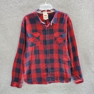 Levi's Men Button Up Shirt XL Red Navy Plaid Check Flannel Long Sleeve Collar
